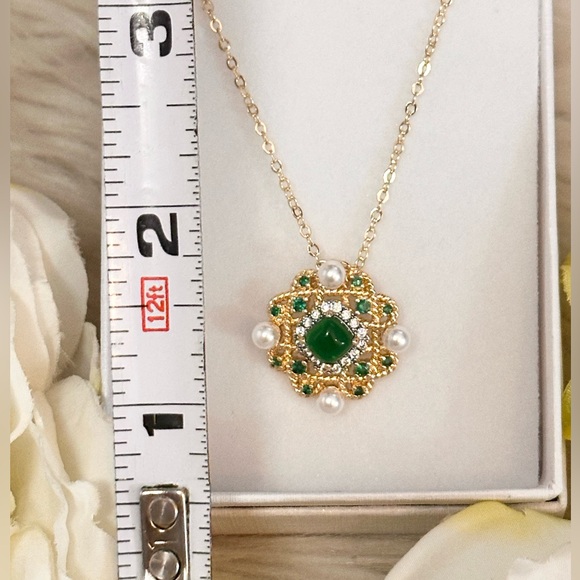 Pearls Micro Pave Diamonds and Emerald Gemstone Gold Pendant Necklace NEW! - Picture 4 of 6